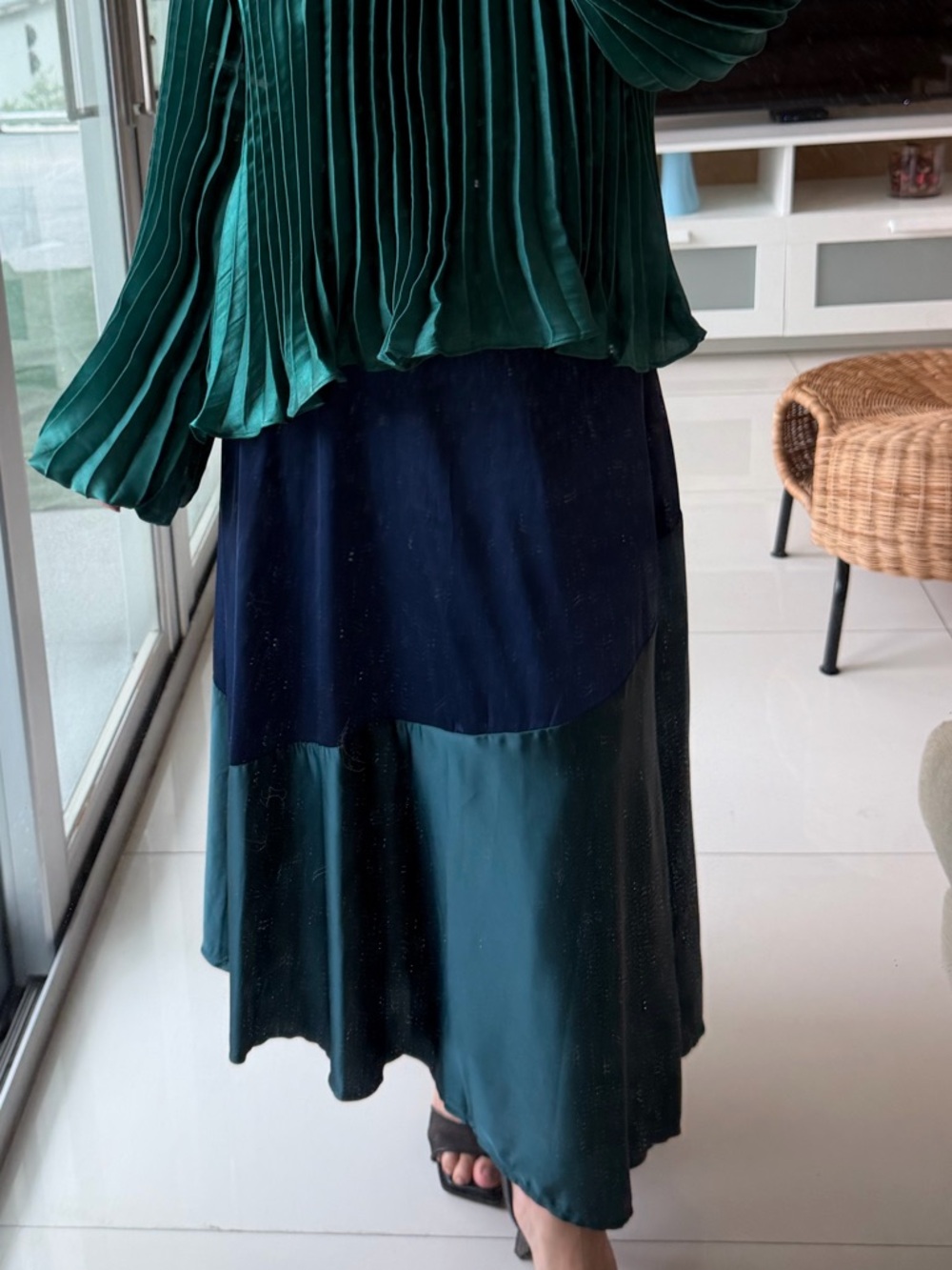Colorblock Satin Panel Midi Skirt in Deep Teal and Navy